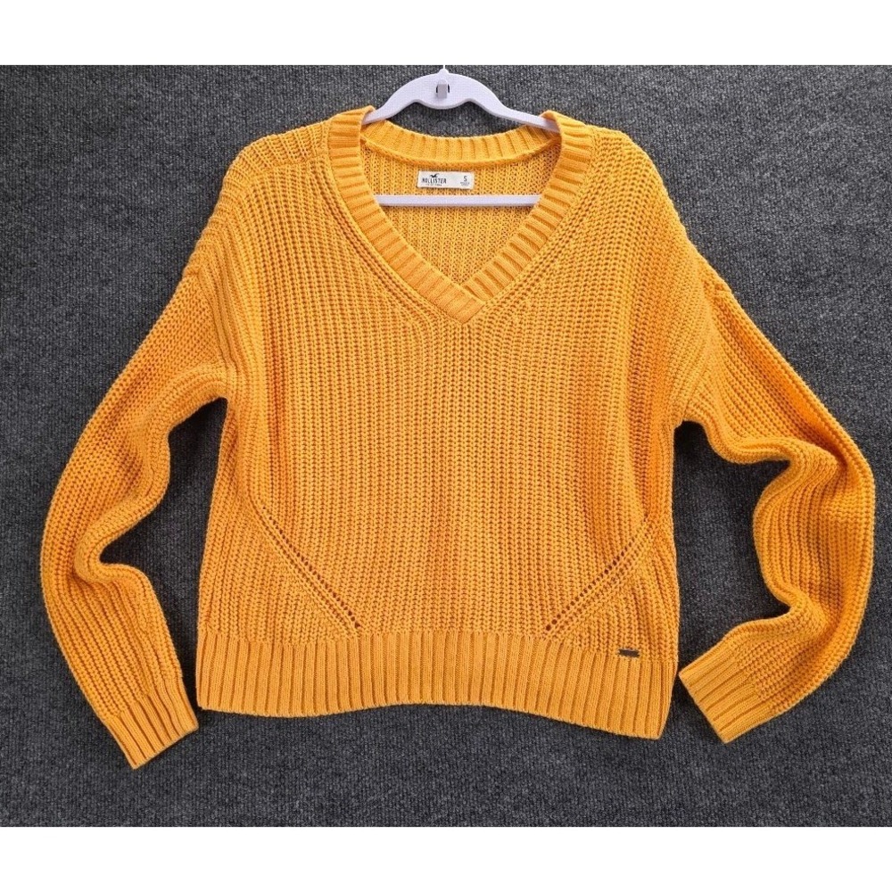 Hollister‎ Womens Mustard Yellow Shaker Knit V-Neck Sweater Small Drop Shoulder